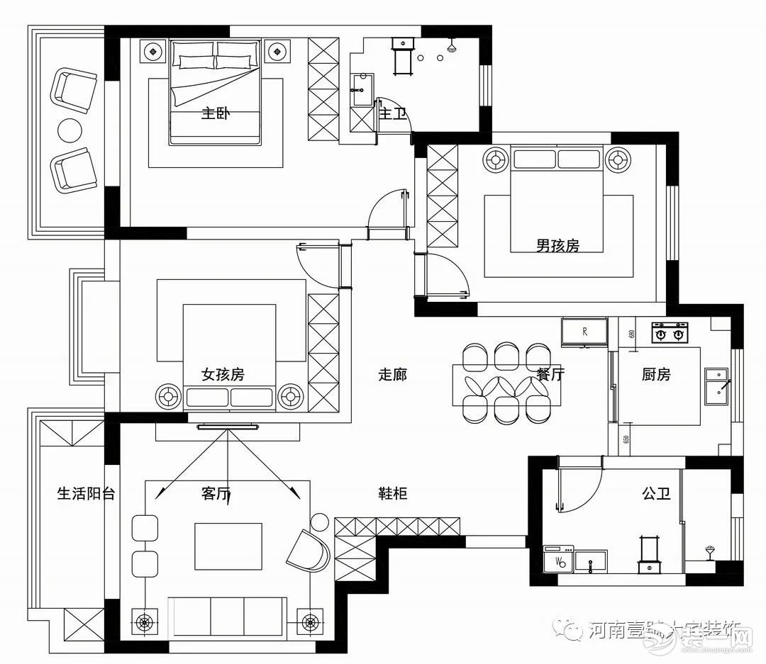 140平简约轻奢三居室设计图