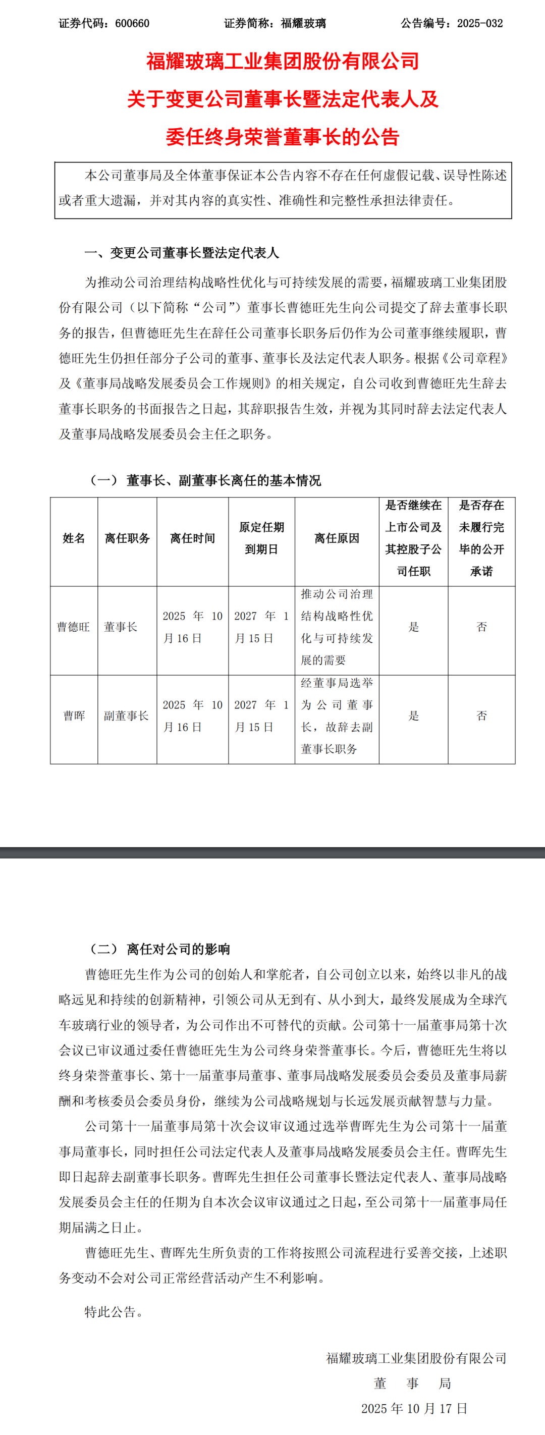曹德旺辞去福耀玻璃董事长职务，其子曹晖接棒